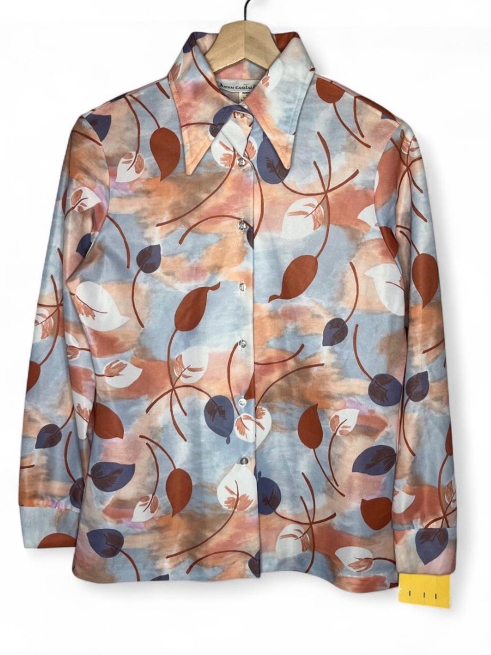 NEW 70s Vintage Queen Casuals Leaf Print Dagger Collar Button Down Shirt